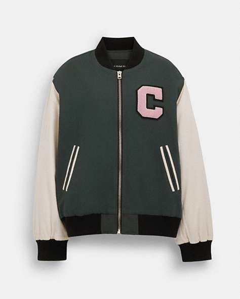 COACH®,COACH VARSITY JACKET,Metal,Forest Green,Front View