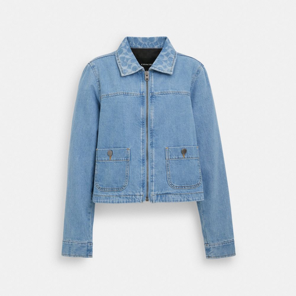 COACH®,ZIP DENIM JACKET,Metal,Light Wash,Front View