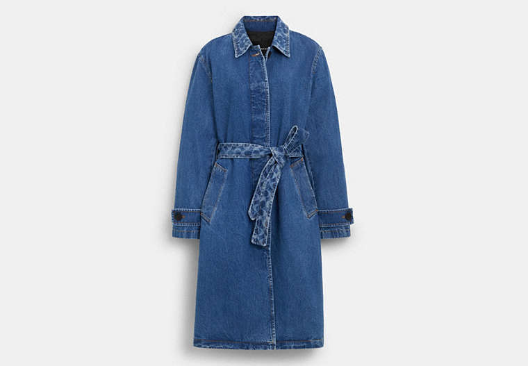 COACH®,DENIM TRENCH,Leather,Medium Wash,Front View image number 0