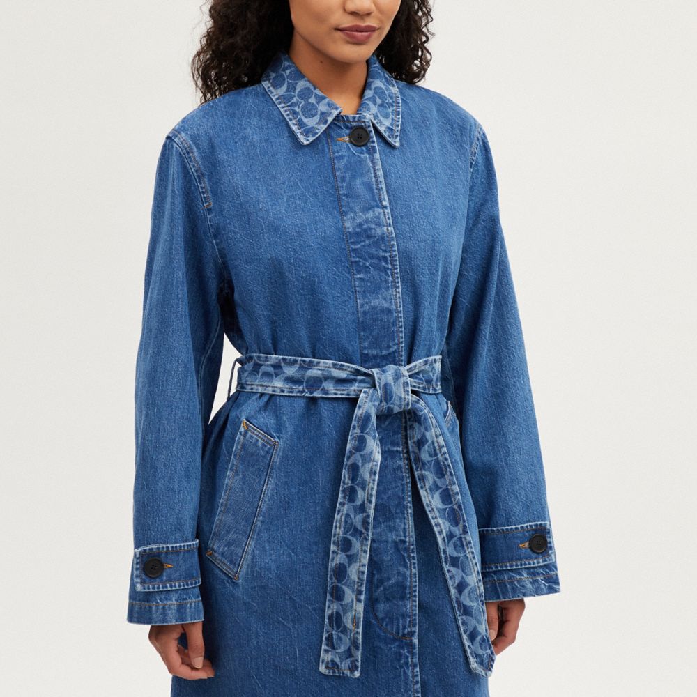 COACH®,Denim Trench,Denim,Cotton,Denim,Top Coat,Logo,Button,Tie Belt,Day Party,,Detail View