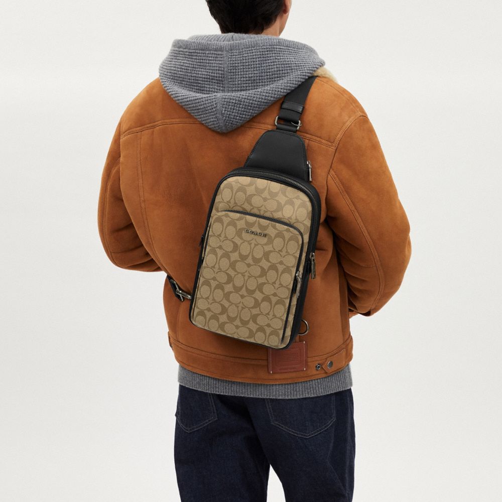 COACH®,Ethan Pack In Signature Canvas,Canvas,Calfskin Leather,Slingback,PVC,Color Block,Logo,Chest Waist Strap,Gunmetal,Ca...,Beige,Detail View