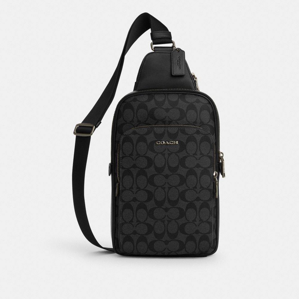 COACH®,ETHAN PACK IN SIGNATURE CANVAS,Coated Canvas,Medium,Gunmetal/Black/Black,Front View