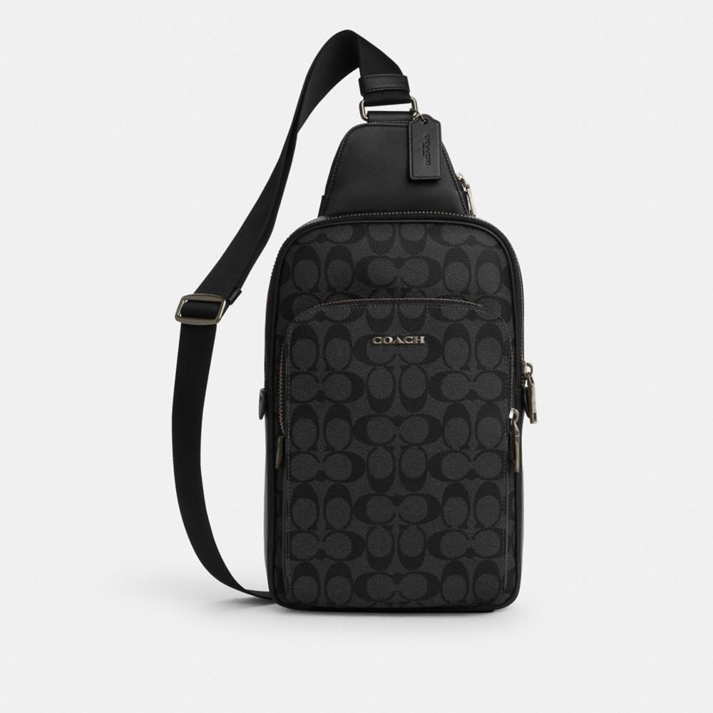 COACH®,ETHAN PACK IN SIGNATURE CANVAS,Signature Canvas,Medium,Gunmetal/Black/Black,Front View