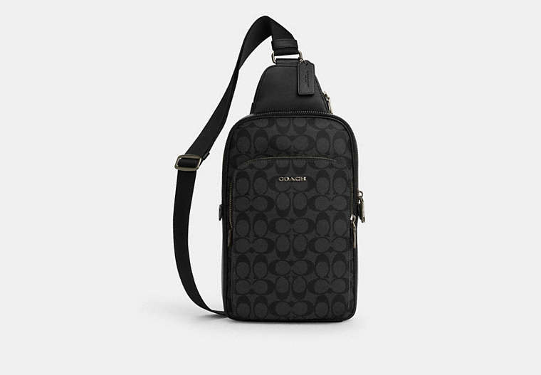 COACH®,ETHAN PACK IN SIGNATURE CANVAS,Coated Canvas,Medium,Gunmetal/Black/Black,Front View image number 0