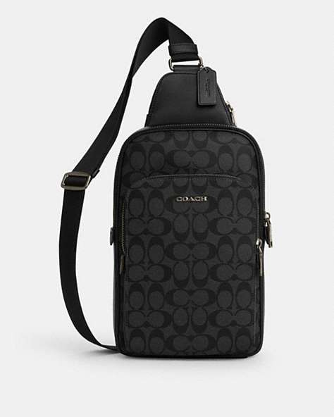 COACH®,ETHAN PACK IN SIGNATURE CANVAS,Coated Canvas,Medium,Gunmetal/Black/Black,Front View