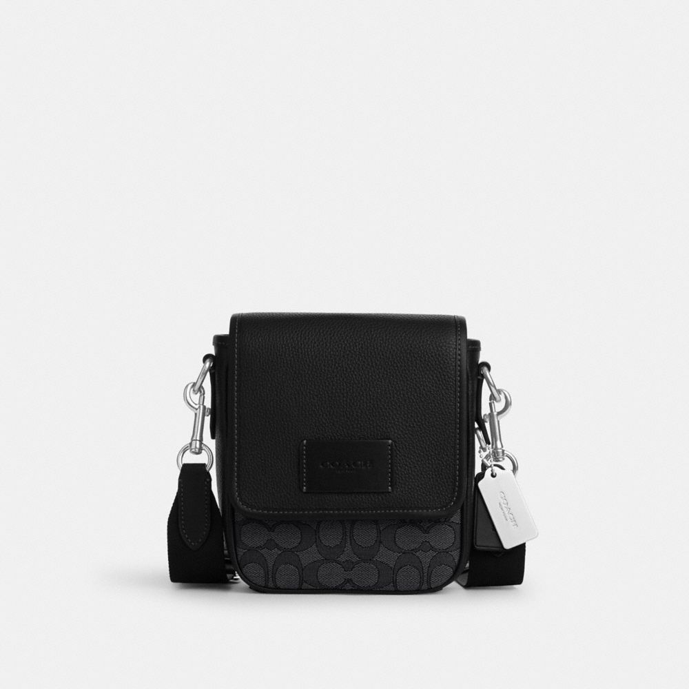 COACH®,PORTÉ-CROISÉ LUCAS EN JACQUARD SIGNATURE,Argenté/Anthracite/Noir,Front View