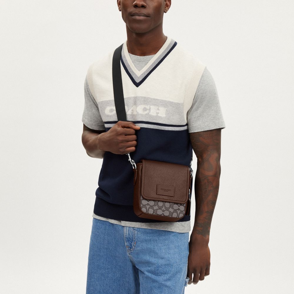 COACH®,Lucas Crossbody Bag In Signature Jacquard,Recycled Polyester,Leather,Cotton,Crossbody,Applique,Color Block,Logo,Casual,Brown,Detail View