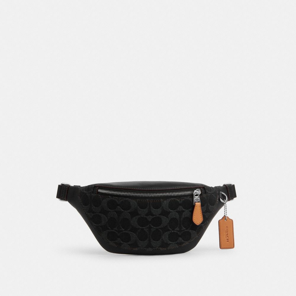 COACH®,WARREN MINI BELT BAG IN SIGNATURE DENIM,Small,Silver/Black,Front View