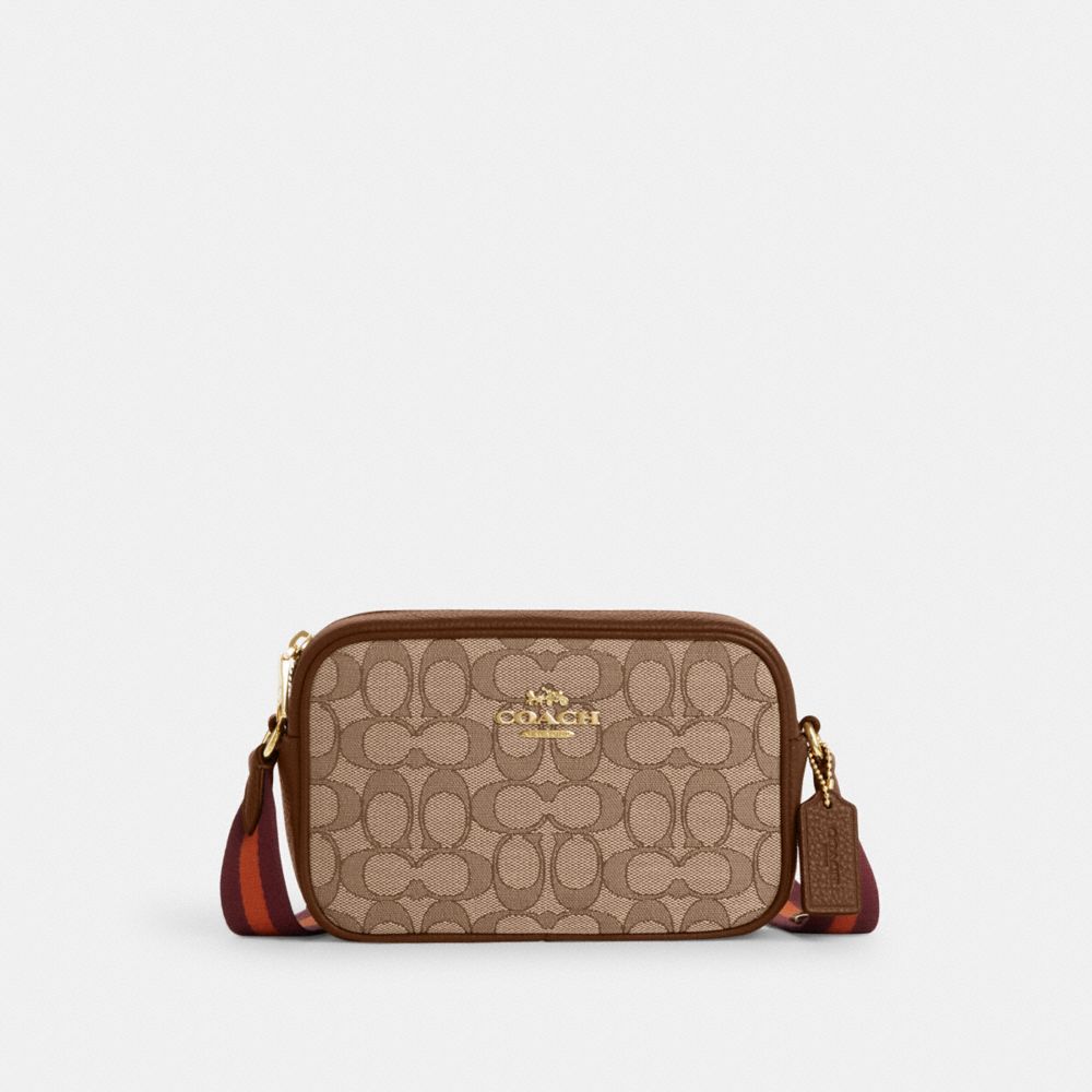 COACH®,MINI JAMIE CAMERA BAG IN SIGNATURE JACQUARD,Im/Khaki/Saddle Multi,Front View