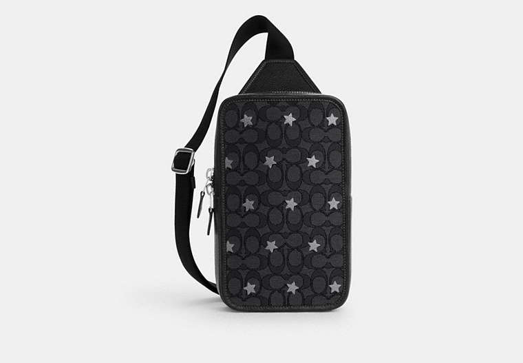 COACH®,SULLIVAN PACK IN SIGNATURE JACQUARD WITH STAR EMBROIDERY,Jacquard,Medium,Silver/Charcoal/Black Multi,Front View