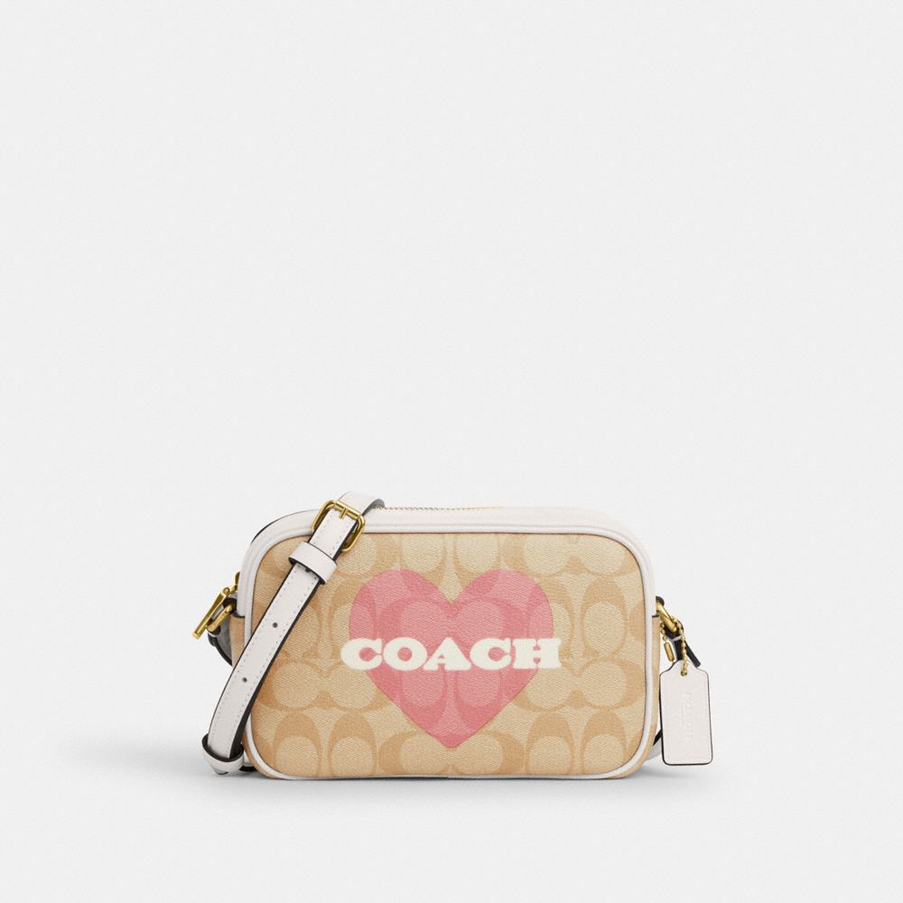 COACH®,MINI SAC POUR APPAREIL PHOTO JAMIE EN TOILE SIGNATURE AVEC IMPRIMÉ CŒURS,pvc,Or/Kaki pâle Craie Multi,Front View