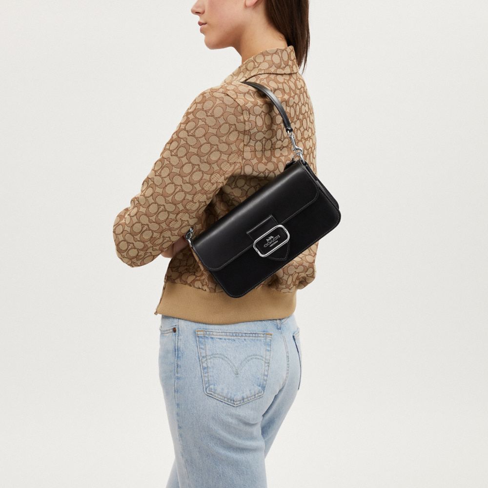 COACH®,Morgan Shoulder Bag,Calfskin Leather,Leather,Shoulder Bag,Silver Metal,Day Party,Black,Detail View