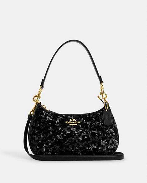 COACH®,TERI SHOULDER BAG,Leather,Medium,Gold/Black,Front View