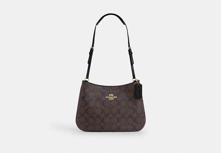 COACH®,PENELOPE SHOULDER BAG IN SIGNATURE CANVAS,Coated Canvas,Mini,Gold/Brown Black,Front View
