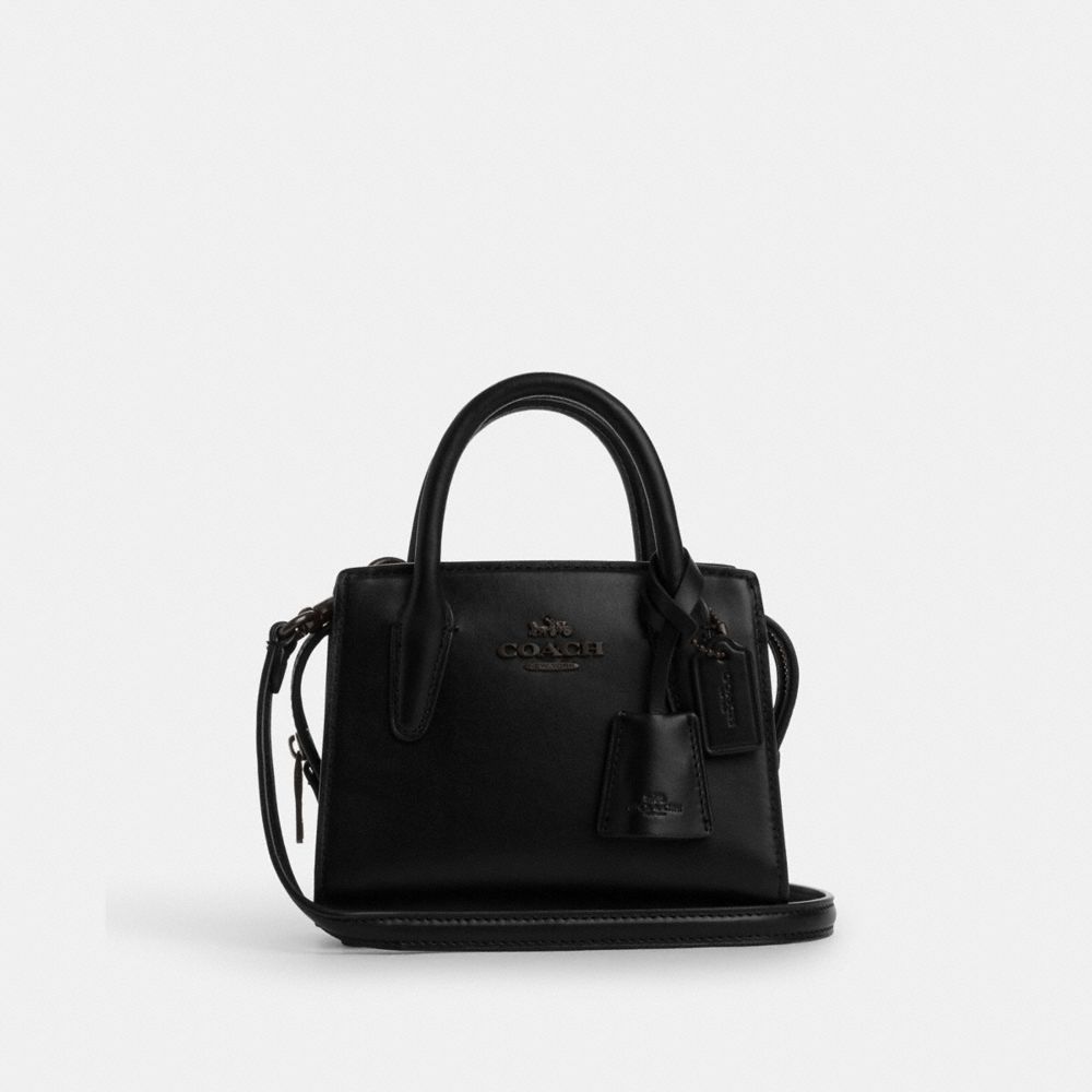 COACH®,Andrea Mini Carryall,Calfskin Leather,Tote,Logo,Key Sleeve,Silver Metal,Casual,Black,Front View