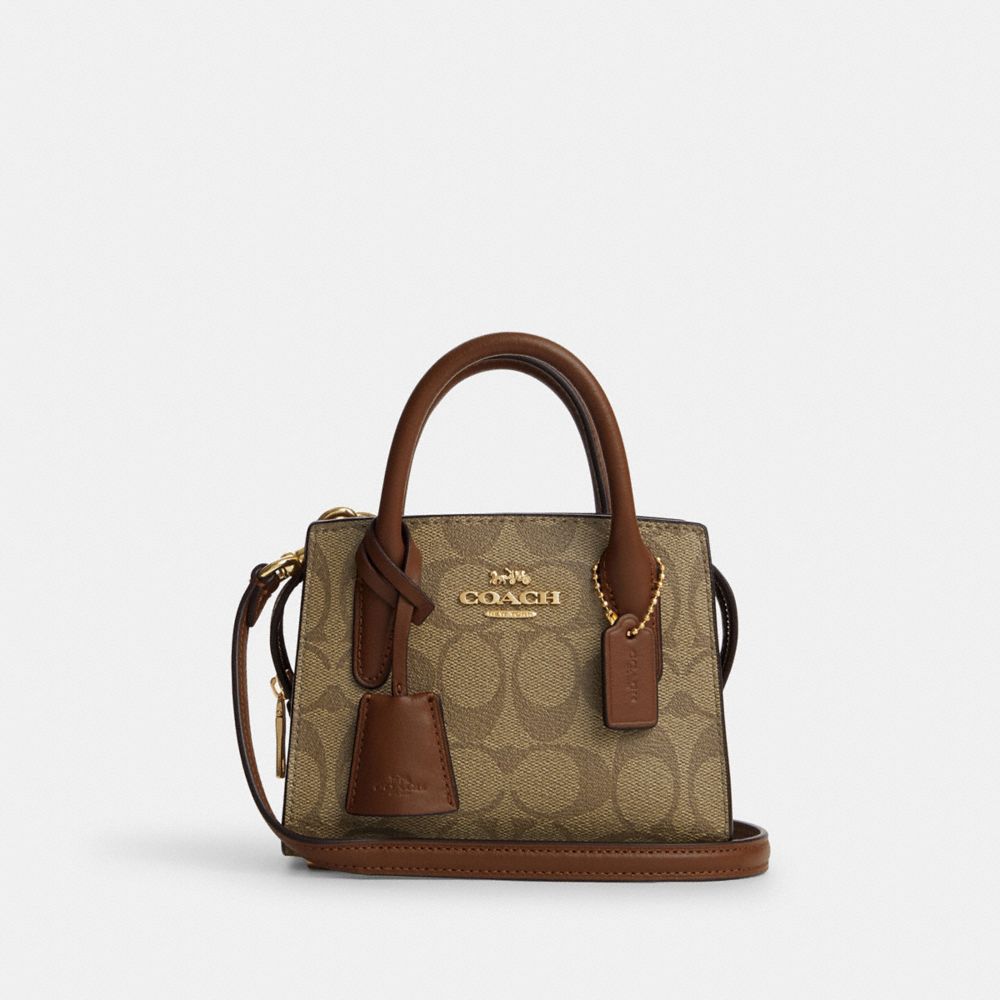 COACH®,ANDREA MINI CARRYALL IN SIGNATURE CANVAS,Signature Canvas,Mini,Gold/Khaki Saddle 2,Front View