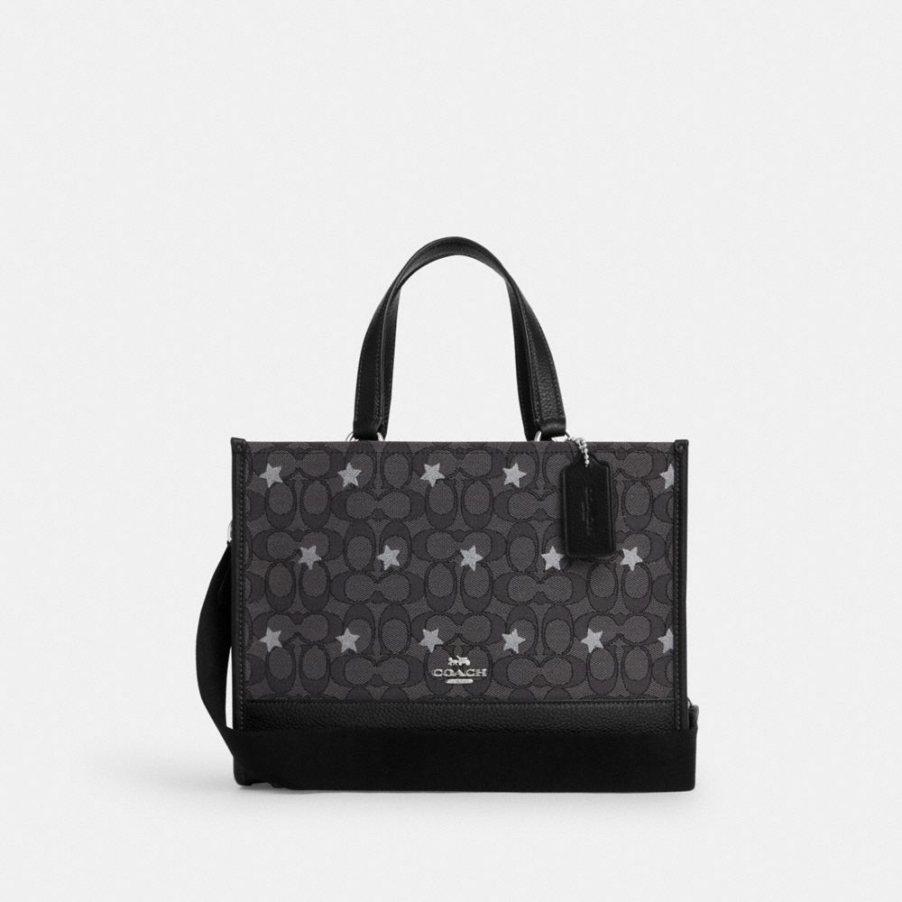 COACH®,DEMPSEY CARRYALL BAG IN SIGNATURE JACQUARD WITH STAR EMBROIDERY,Medium,Silver/Smoke/Black Multi,Front View