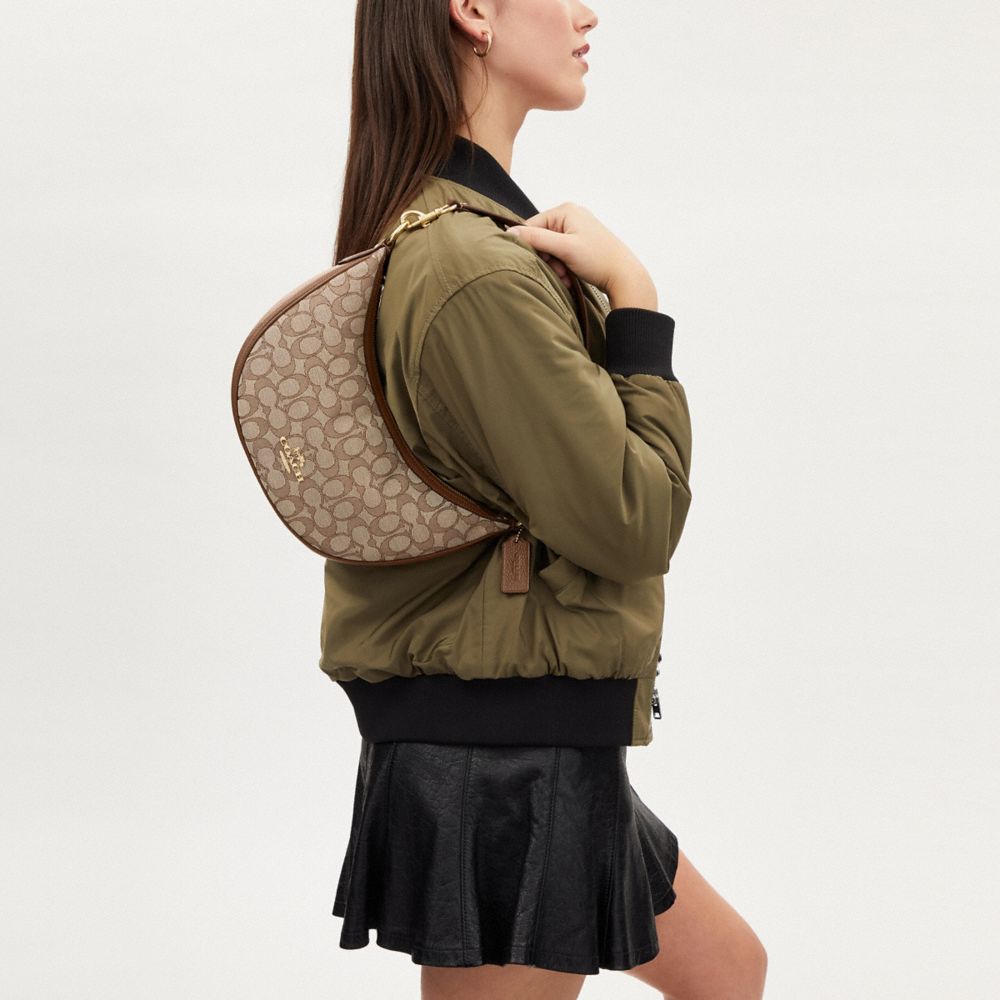 COACH®,Aria Shoulder Bag In Signature Jacquard,Cotton,Leather,Shoulder Bag,Color Block,Logo,Gold Metal,Casual,Brown,Detail View