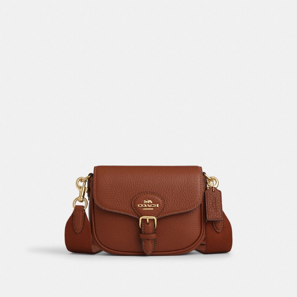 COACH®,AMELIA SMALL SADDLE BAG,Pebbled Leather,Mini,Gold/Redwood,Front View