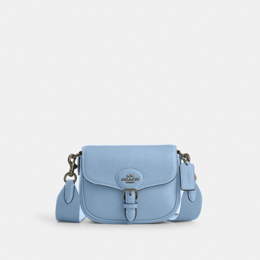 COACH®,AMELIA SMALL SADDLE BAG,Pebbled Leather,Mini,Gunmetal/Cornflower,Front View