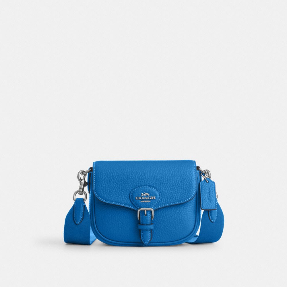 COACH®,AMELIA SMALL SADDLE BAG,Pebbled Leather,Mini,Silver/Bright Blue,Front View