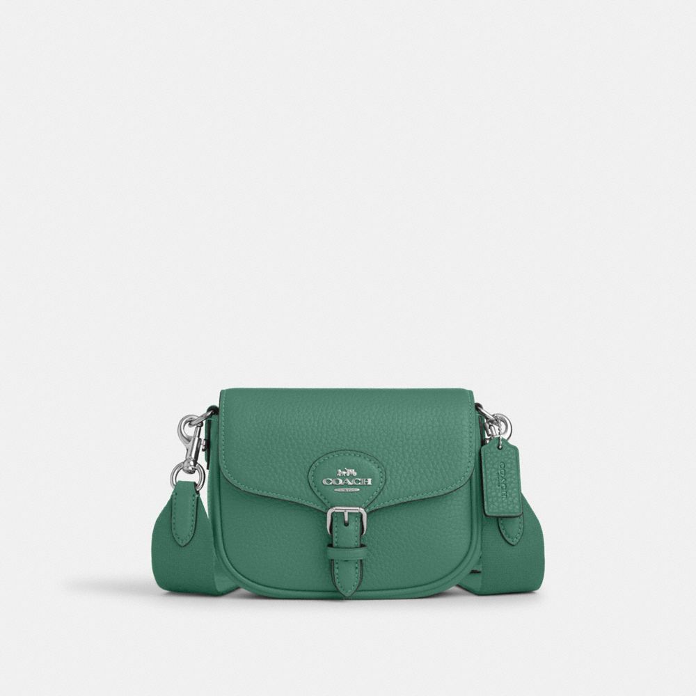 COACH®,AMELIA SMALL SADDLE BAG,Pebbled Leather,Mini,Silver/Bright Green,Front View