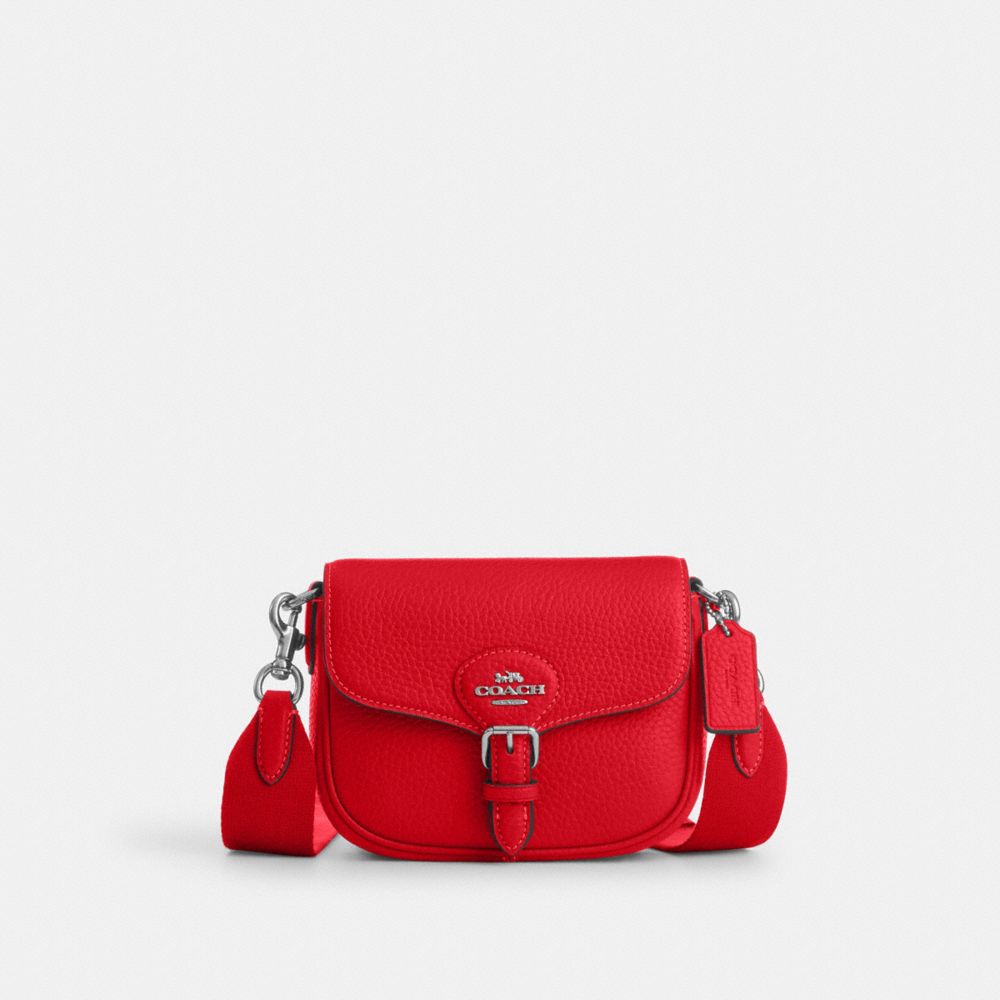 COACH®,AMELIA SMALL SADDLE BAG,Pebbled Leather,Mini,Silver/Bright Poppy,Front View