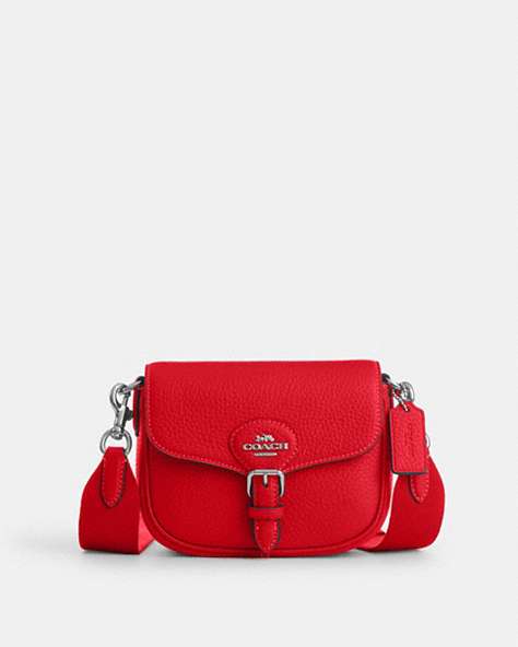 COACH®,AMELIA SMALL SADDLE BAG,Leather,Mini,Silver/Bright Poppy,Front View
