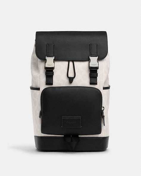 COACH®,TRACK BACKPACK IN COLORBLOCK SIGNATURE CANVAS,pvc,X-Large,Gunmetal/Chalk/Black Multi,Front View