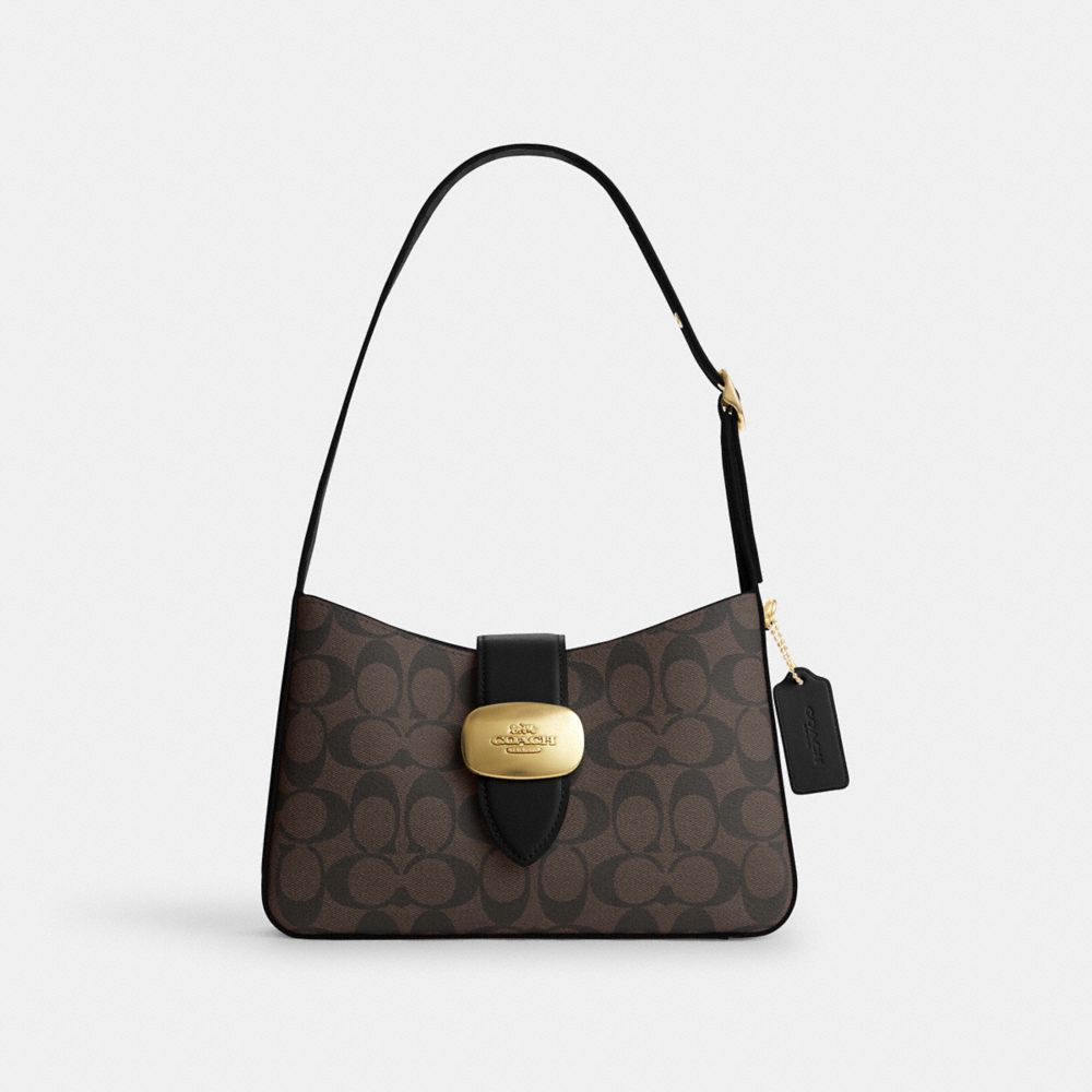 COACH®,ELIZA SHOULDER BAG IN SIGNATURE CANVAS,Signature Canvas,Medium,Gold/Brown Black,Front View