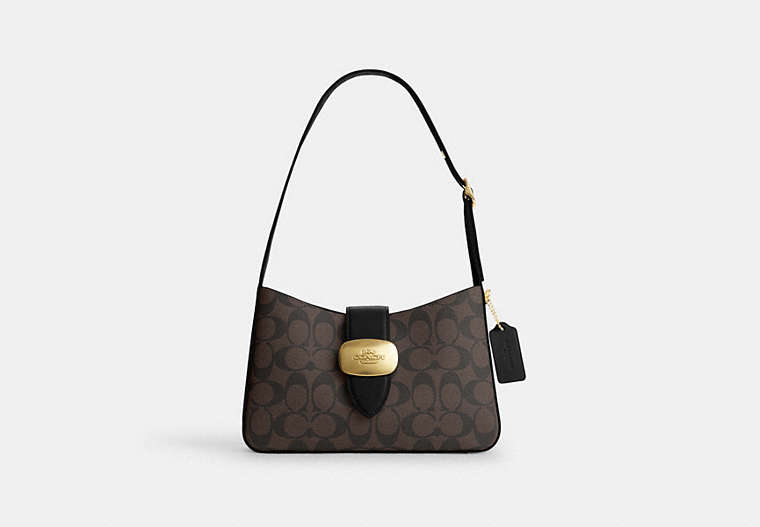 COACH®,ELIZA SHOULDER BAG IN SIGNATURE CANVAS,pvc,Medium,Gold/Brown Black,Front View