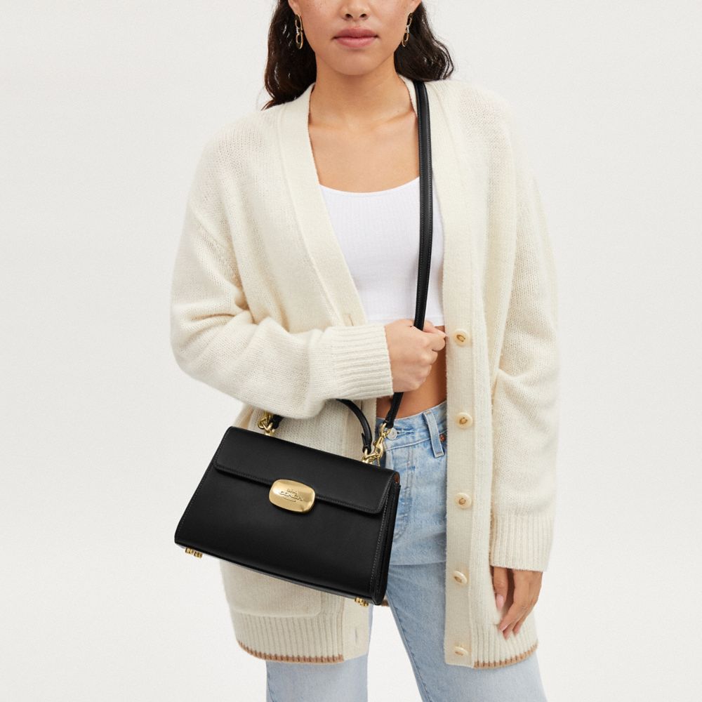 COACH®,Eliza Top Handle,Calfskin Leather,Satchel,Logo,Gusset,Silver Metal,Day Party,Work,Black,Detail View