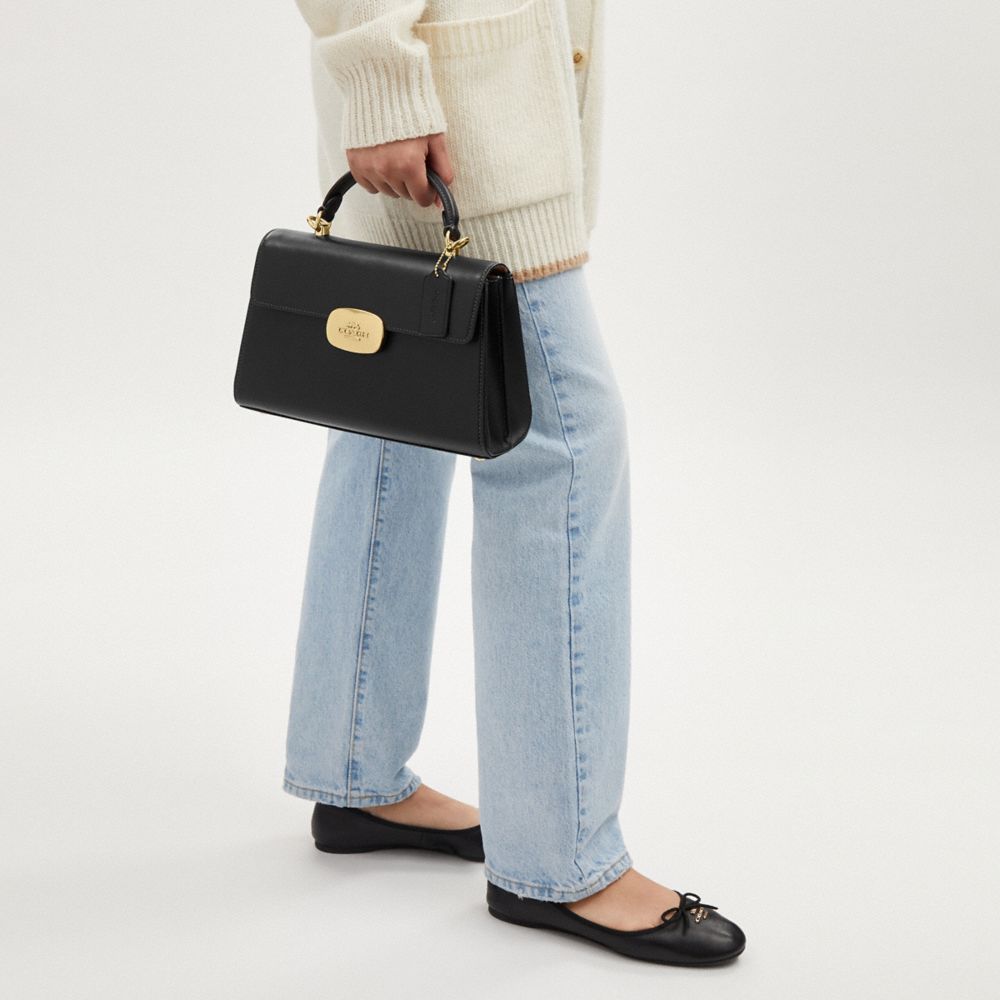 COACH®,Eliza Top Handle,Calfskin Leather,Satchel,Logo,Gusset,Silver Metal,Day Party,Work,Black,Detail View
