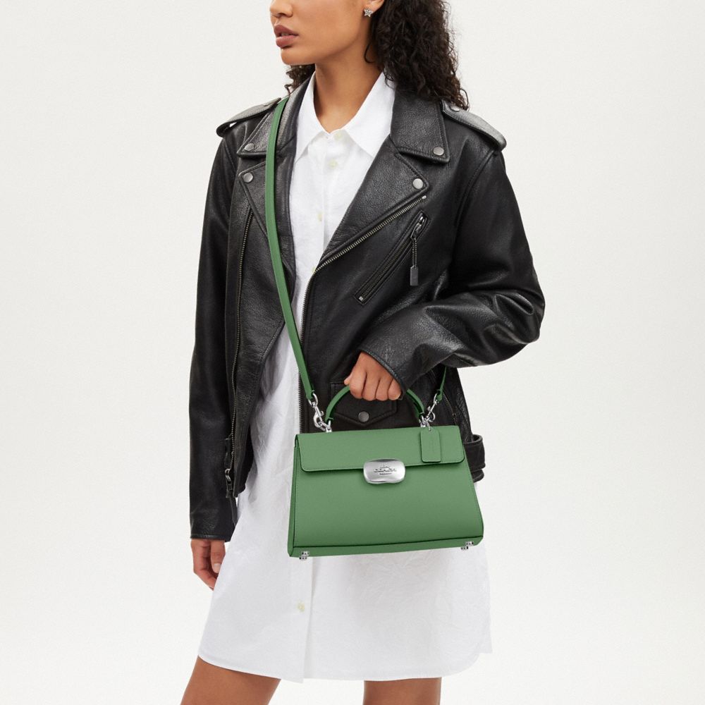 COACH®,Eliza Top Handle,Calfskin Leather,Satchel,Logo,Gusset,Silver Metal,Day Party,Work,Green,Detail View