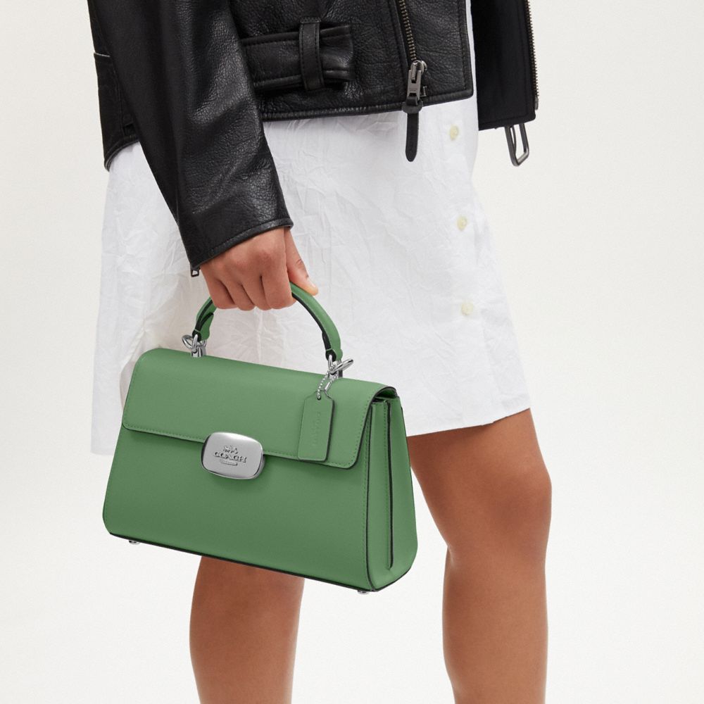 COACH®,Eliza Top Handle,Calfskin Leather,Satchel,Logo,Gusset,Silver Metal,Day Party,Work,Green,Detail View