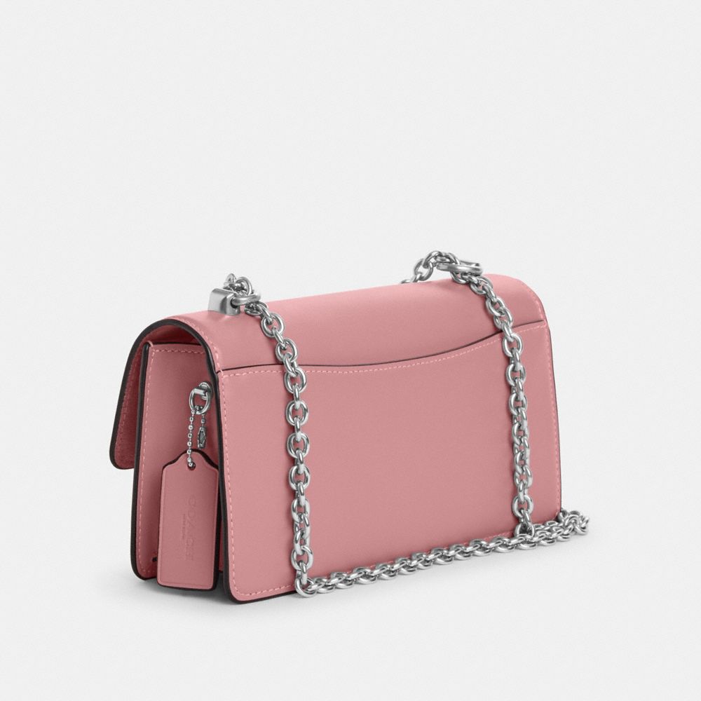COACH®,ELIZA FLAP CROSSBODY BAG,Smooth Leather,Small,Silver/True Pink,Angle View