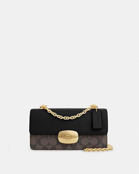 COACH®,ELIZA FLAP CROSSBODY BAG IN SIGNATURE CANVAS,pvc,Small,Gold/Brown Black,Front View