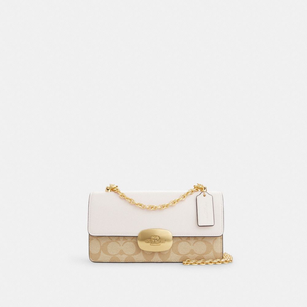 COACH®,ELIZA FLAP CROSSBODY BAG IN SIGNATURE CANVAS,Signature Canvas,Small,Gold/Light Khaki Chalk,Front View