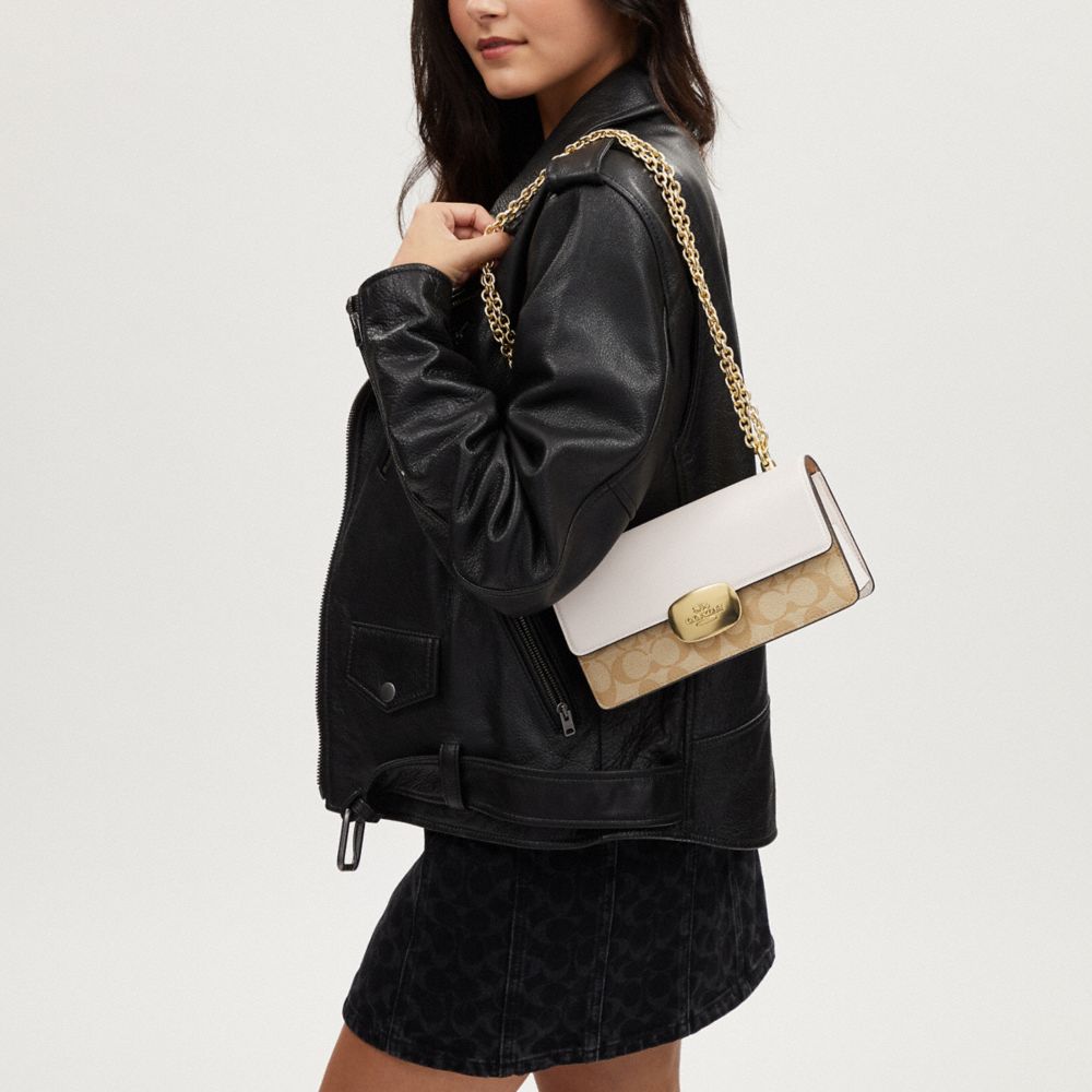COACH®,Eliza Flap Crossbody Bag In Signature Canvas,Leather,Canvas,Crossbody,Shoulder Bag,Color Block,Logo,Gold Metal,Day ...,Multi Color,Detail View