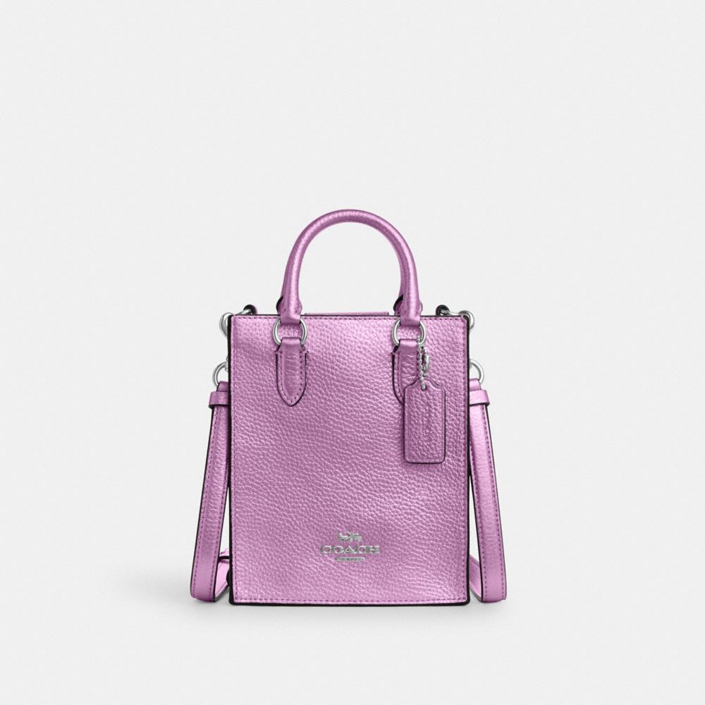 COACH®,NORTH SOUTH MINI TOTE,Novelty Leather,Mini,Silver/Metallic Lilac,Front View