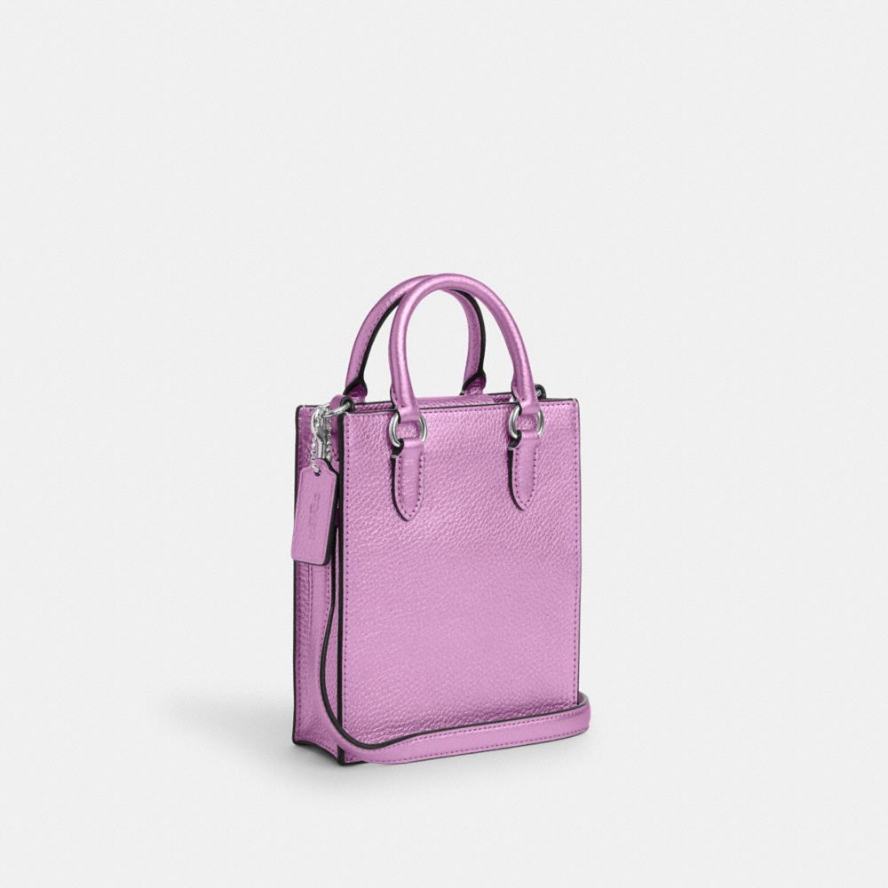 COACH®,NORTH SOUTH MINI TOTE,Novelty Leather,Mini,Silver/Metallic Lilac,Angle View