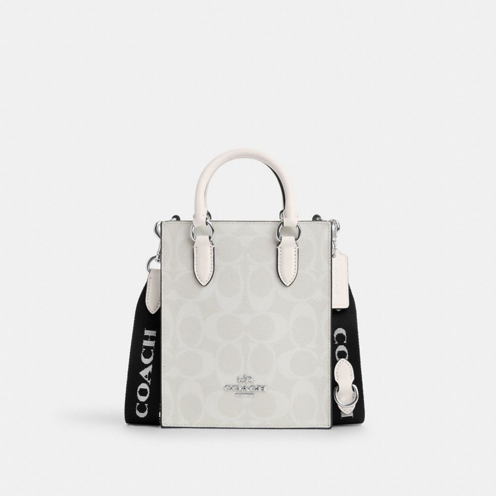 COACH®,NORTH SOUTH MINI TOTE IN SIGNATURE CANVAS,Signature Canvas,Mini,Silver/Chalk/Glacier White,Front View