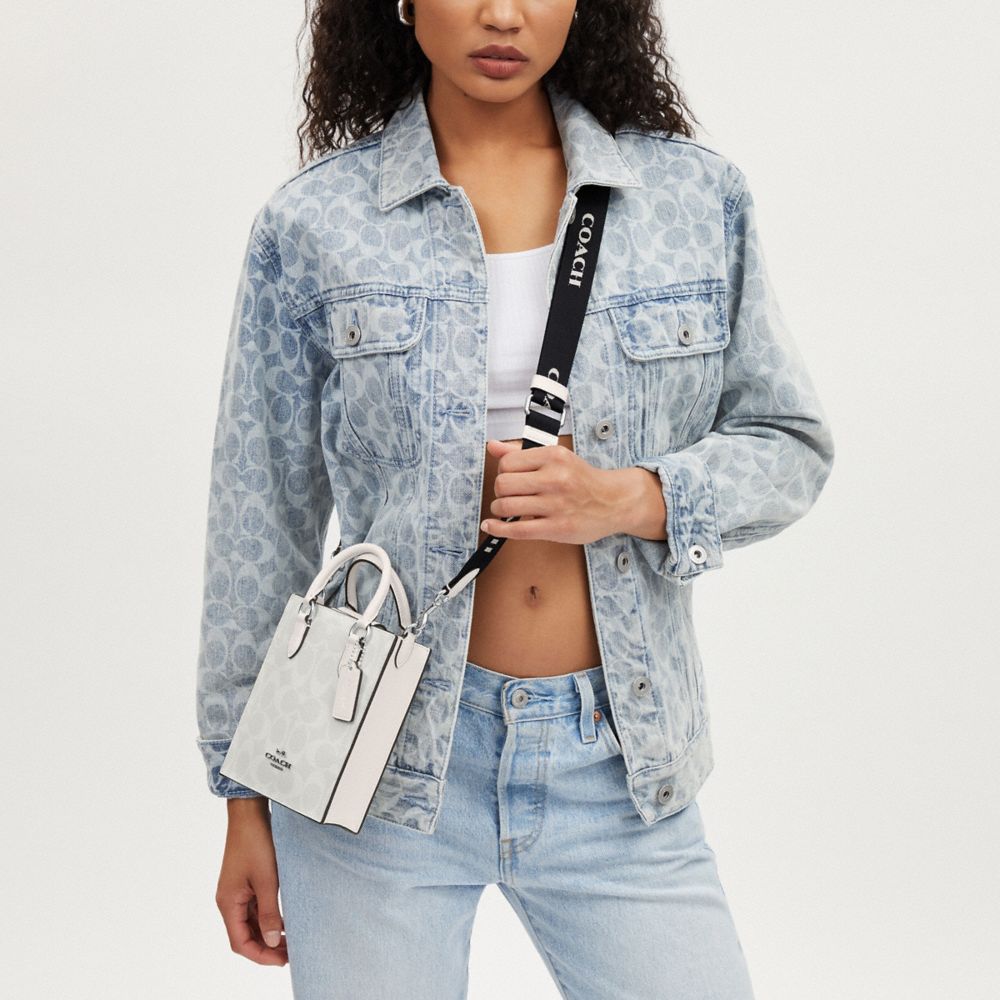 COACH®,Mini Tote In Signature Canvas,Leather,Crossbody,Metal,Logo,Casual,Gray,Detail View