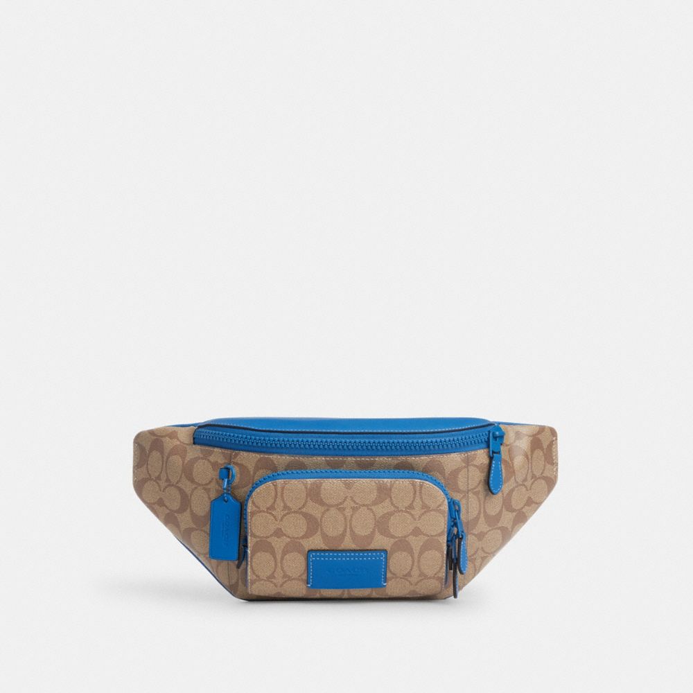 COACH®,TRACK BELT BAG IN COLORBLOCK SIGNATURE CANVAS,pvc,Medium,1 J/Khaki/Bright Blue,Front View