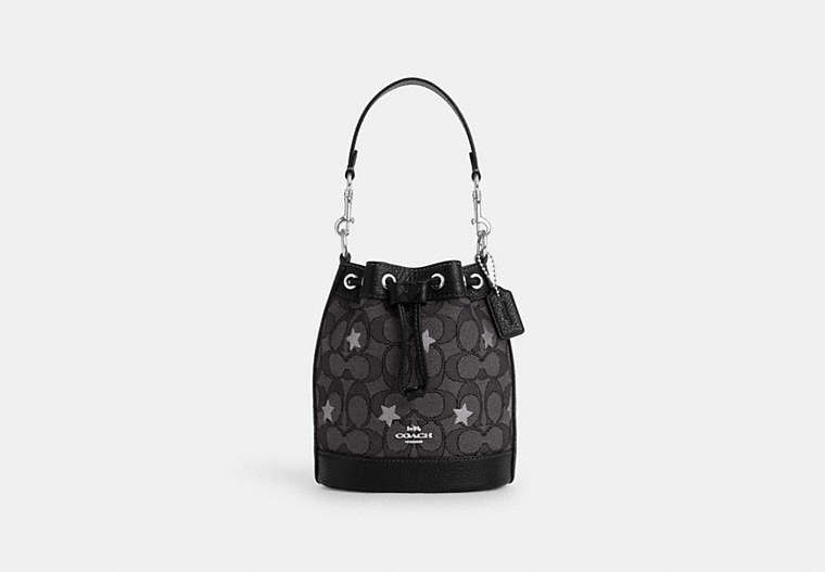 COACH®,MINI DEMPSEY BUCKET BAG IN SIGNATURE JACQUARD WITH STAR EMBROIDERY,Jacquard,Small,Silver/Smoke/Black Multi,Front View