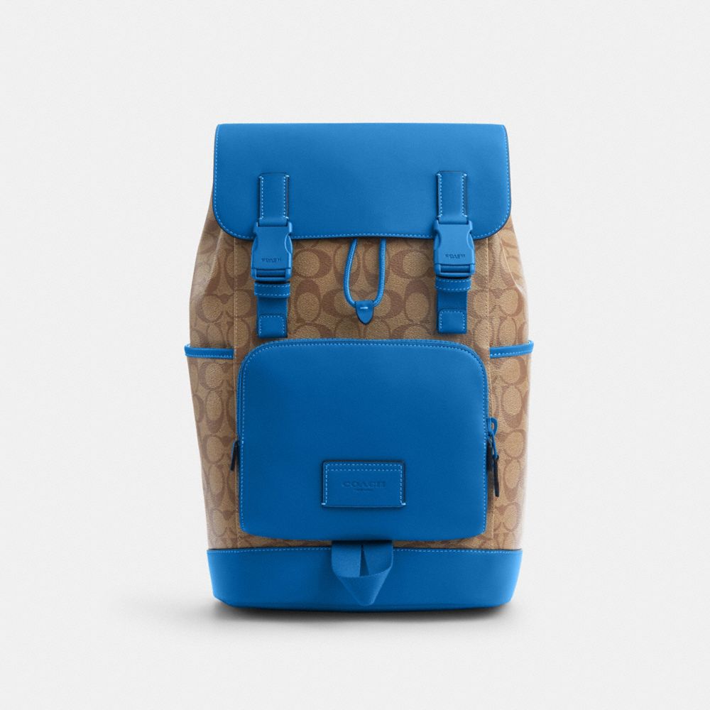 COACH®,TRACK BACKPACK IN COLORBLOCK SIGNATURE CANVAS,Signature Canvas,X-Large,1 J/Khaki/Bright Blue,Front View