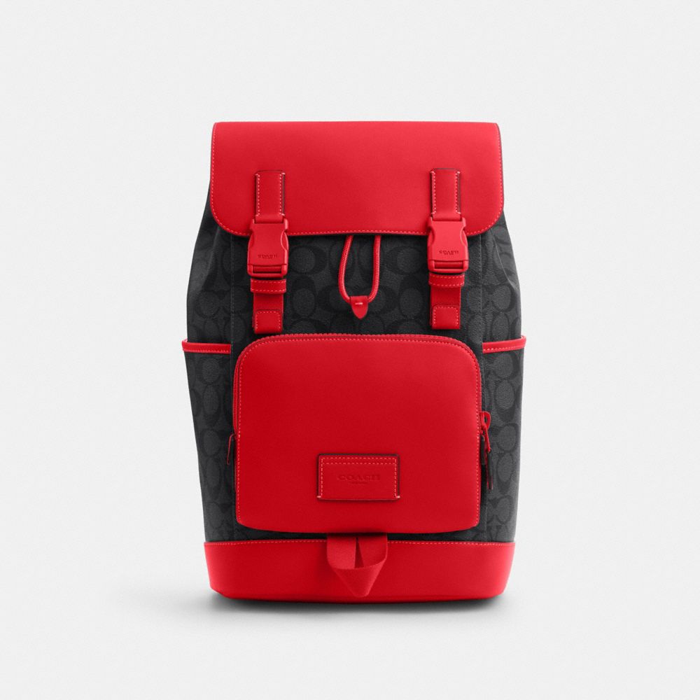 COACH®,TRACK BACKPACK IN COLORBLOCK SIGNATURE CANVAS,Signature Canvas,X-Large,1 J/Charcoal/Bright Poppy,Front View