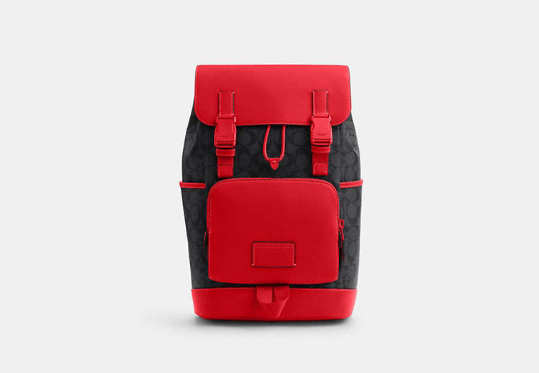 COACH®,TRACK BACKPACK IN COLORBLOCK SIGNATURE CANVAS,pvc,X-Large,1 J/Charcoal/Bright Poppy,Front View