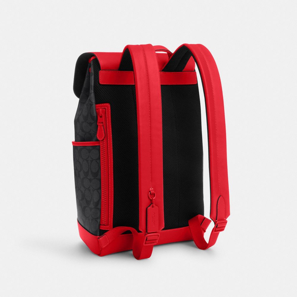 COACH®,TRACK BACKPACK IN COLORBLOCK SIGNATURE CANVAS,Signature Canvas,X-Large,1 J/Charcoal/Bright Poppy,Angle View
