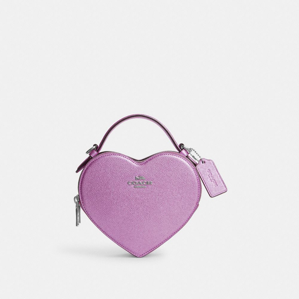 COACH®,HEART CROSSBODY,Novelty Leather,Small,Silver/Metallic Lilac,Front View
